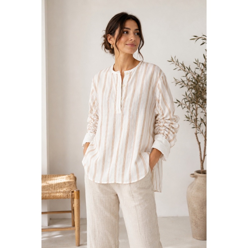 By Malene Birger Striped Ruched Sleeve Cotton Tunic Blouse White Tan Small 36